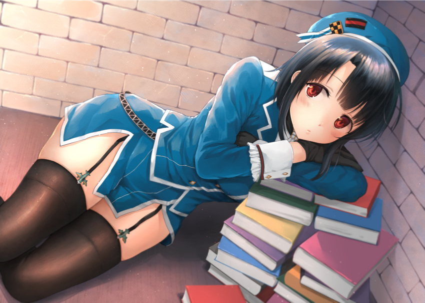 1girl beret black_gloves black_hair black_legwear blue_hat book brick_wall commentary_request cowboy_shot fukuroumori garter_straps gloves hat kantai_collection looking_at_viewer military military_uniform miniskirt red_eyes short_hair skirt solo takao_(kantai_collection) thigh-highs uniform