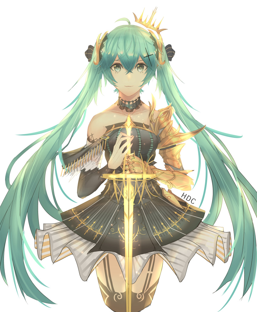 1girl absurdres aqua_hair artist_name asymmetrical_sleeves bikuwa black_bow black_legwear bow choker collarbone cropped_legs dress floating_hair garter_straps gauntlets green_eyes hair_between_eyes hair_bow hair_ornament hatsune_miku highres holding holding_sword holding_weapon long_hair looking_at_viewer short_dress simple_background sleeveless sleeveless_dress smile solo standing strapless strapless_dress striped striped_bow sword thigh-highs twintails very_long_hair vocaloid weapon white_background