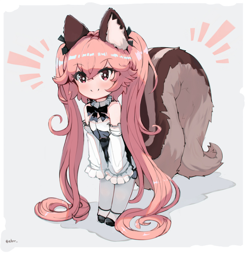1girl absurdly_long_hair animal_ears bangs bare_shoulders black_bow black_footwear black_neckwear black_ribbon black_skirt blush bow chibi choker commentary curly_hair detached_sleeves dress ehrrr eyebrows_visible_through_hair frilled_choker frilled_sleeves frills full_body grey_background hair_ribbon highres huge_tail legs_together long_hair long_sleeves original pantyhose pink_eyes pink_hair ribbon skirt sleeveless sleeveless_dress smile solo squirrel_ears squirrel_girl squirrel_tail standing tail twintails twitter_username very_long_hair white_legwear wide_sleeves