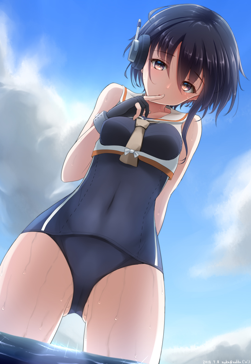 1girl absurdres artist_name asymmetrical_hair bangs black_hair blue_sky blush breasts brown_eyes clouds cowboy_shot dated day eyebrows_visible_through_hair finger_to_mouth framed_breasts gloves hair_between_eyes headphones highres i-13_(kantai_collection) kantai_collection looking_at_viewer nuka_(nvkka) ocean one-piece_swimsuit open_mouth outdoors partially_submerged partly_fingerless_gloves sailor_collar school_swimsuit short_hair sidelocks single_glove sky solo sparkle standing swimsuit thighs wet