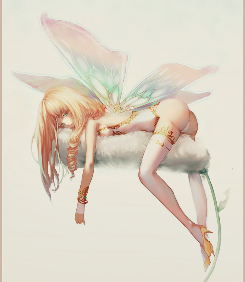 1girl ass bare_shoulders blonde_hair breasts fairy fairy_wings from_side green_eyes high_heels highres leotard long_hair looking_at_viewer lying minigirl on_stomach original shoes small_breasts solo straddling strapless strapless_leotard thigh-highs white_legwear white_leotard wings