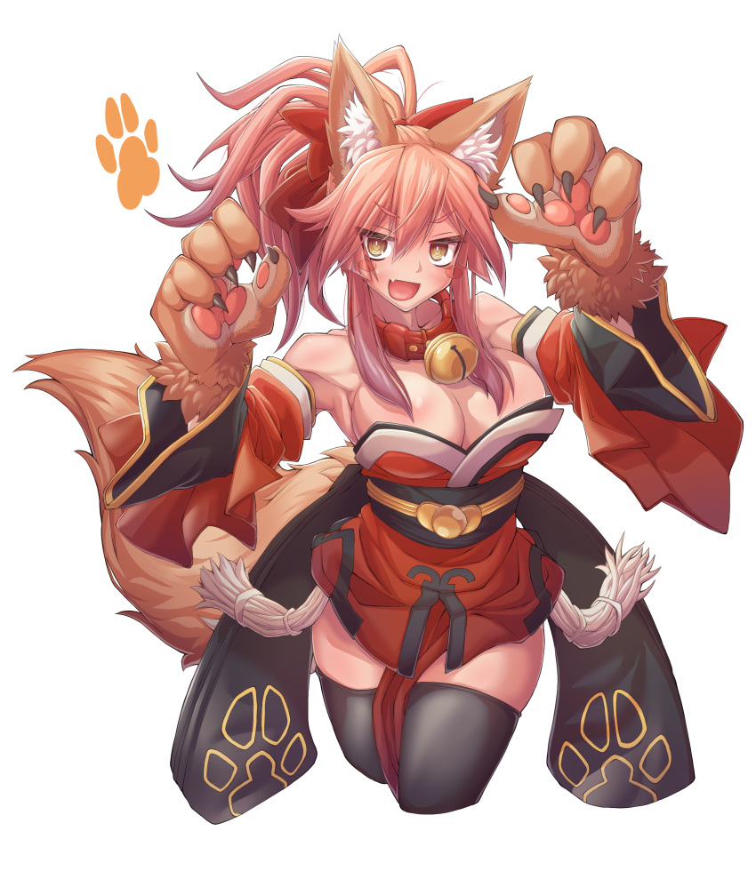 1girl absurdres animal_ears bangs bare_shoulders bell bell_collar black_legwear blush blush_stickers bow breasts claws cleavage collar collarbone detached_sleeves eyebrows_visible_through_hair fang fate/extra fate/grand_order fate_(series) fox_ears fox_tail gloves hair_between_eyes hair_bow hands_up highres hips japanese_clothes jingle_bell kimono large_breasts long_hair looking_at_viewer obi open_mouth paw_gloves paw_pose paw_print paws pink_hair ponytail red_bow red_kimono sash short_kimono sidelocks simple_background smile solo tail tamamo_(fate)_(all) tamamo_cat_(fate) tassel thigh-highs thighs white_background wide_sleeves zawa_(zawzawranran2)