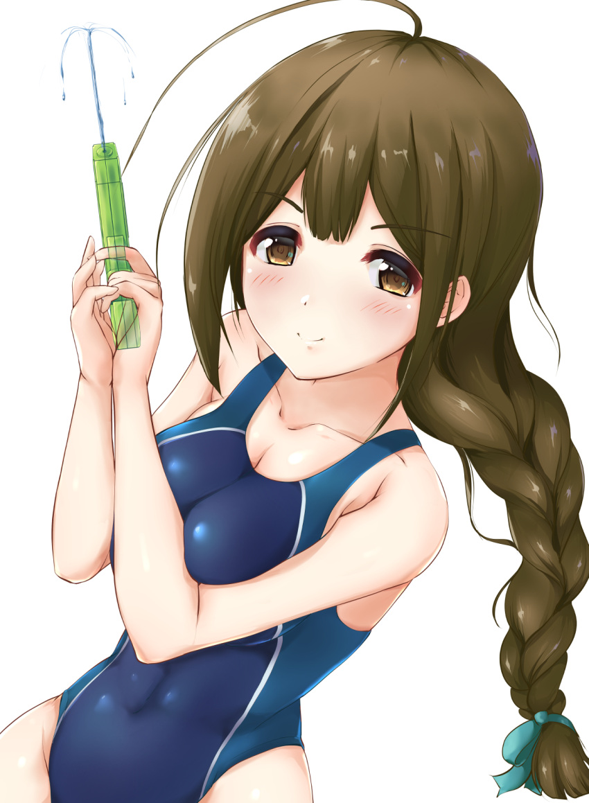 1girl ahoge blue_swimsuit braid breasts brown_eyes brown_hair cleavage competition_swimsuit highres idolmaster idolmaster_shiny_colors kuroba_aki kuwayama_chiyuki long_braid long_hair medium_breasts one-piece_swimsuit simple_background single_braid smile solo swimsuit v-shaped_eyebrows water_gun white_background