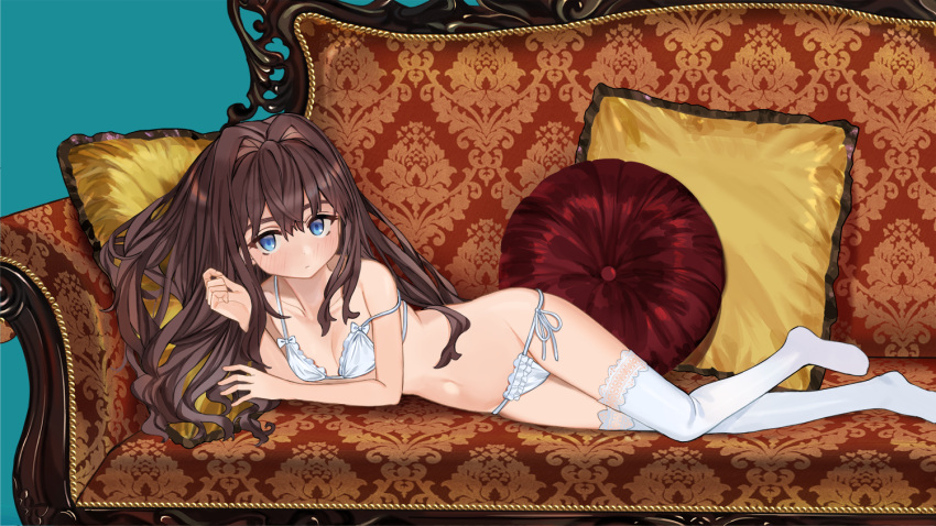 1girl bangs bare_legs bare_shoulders blue_background blue_eyes blush bra breasts brown_hair closed_mouth collarbone couch cushion hair_between_eyes hair_intakes hands_up lace lace-trimmed_thighhighs long_hair looking_at_viewer lowleg lowleg_panties luicent lying navel no_shoes on_couch on_side original panties pillow side-tie_panties sidelocks simple_background small_breasts solo strap_slip string_panties thigh-highs underwear underwear_only very_long_hair white_bra white_legwear white_panties
