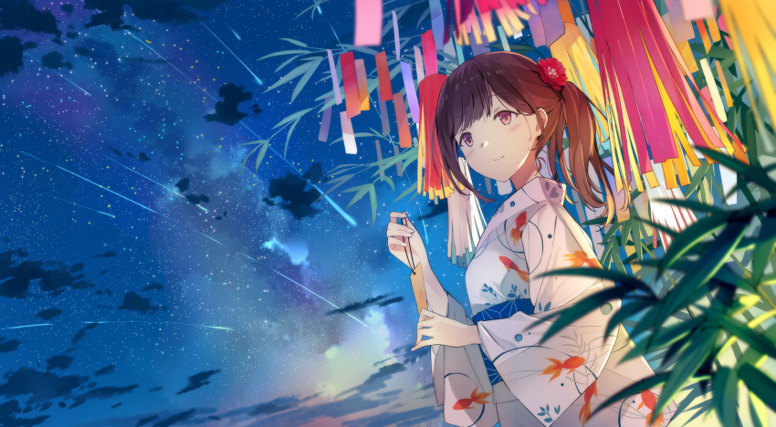 1girl animal_print bamboo blurry blurry_foreground blush brown_hair closed_mouth clouds commentary_request depth_of_field dutch_angle falling_star fish_print flower goldfish_print hair_flower hair_ornament highres holding japanese_clothes kimono long_hair night night_sky original outdoors print_kimono red_flower sky solo star_(sky) starry_sky sutorora tanabata tanzaku twintails violet_eyes white_kimono yukata