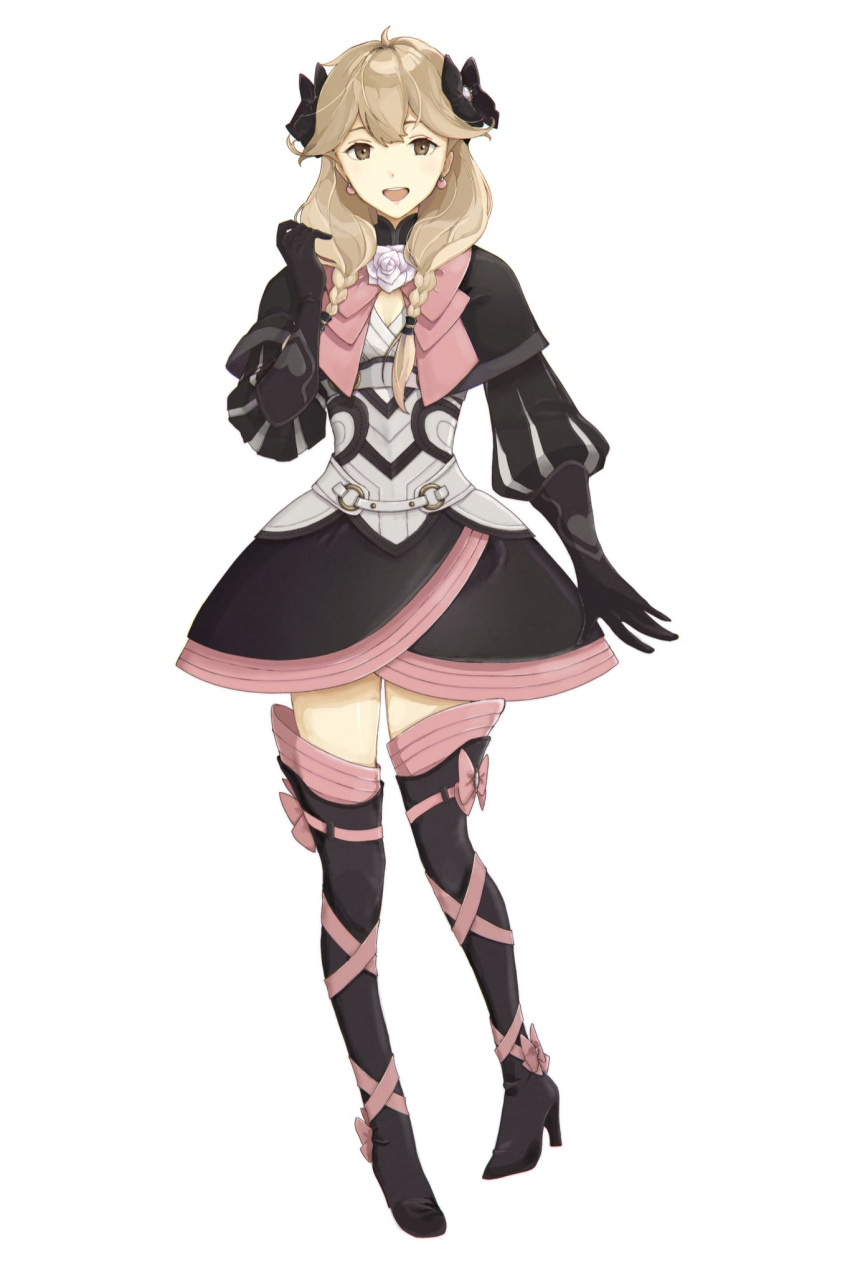 1girl black_bow black_footwear black_gloves black_legwear boots bow braid brown_eyes brown_hair cosplay dress earrings elfi_(fire_emblem_if) elise_(fire_emblem_if) elise_(fire_emblem_if)_(cosplay) enju0313 fire_emblem fire_emblem_echoes:_mou_hitori_no_eiyuuou fire_emblem_heroes fire_emblem_if full_body gloves hair_bow high_heel_boots\r\n high_heels highres jewelry long_hair open_mouth pink_bow pink_ribbon ribbon simple_background thigh-highs thigh_boots twin_braids white_background zettai_ryouiki