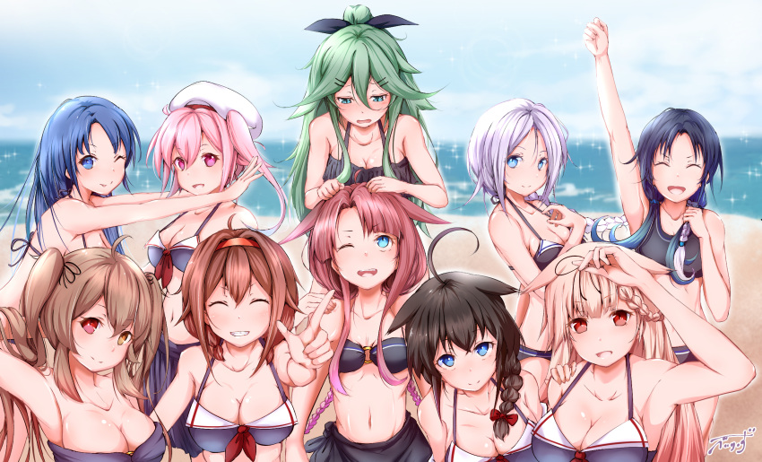 6+girls :q ahoge alternate_costume arms_behind_head baileys_(tranquillity650) bangs bare_shoulders beach beret bikini black_hair black_ribbon blonde_hair blue_eyes blue_hair blue_ribbon blue_sky blurry blurry_background blush braid breasts brown_eyes brown_hair carrying closed_eyes collarbone day eyebrows_visible_through_hair gradient_hair green_eyes green_hair hair_between_eyes hair_flaps hair_ornament hair_over_shoulder hair_ribbon hairband hairclip hand_on_another's_shoulder hand_up hands_on_another's_head harusame_(kantai_collection) hat heterochromia highres index_finger_raised kantai_collection kawakaze_(kantai_collection) large_breasts long_hair looking_at_another looking_at_viewer low_twintails medium_breasts messy_hair multicolored_hair multiple_girls murasame_(kantai_collection) navel o-ring o-ring_top ocean one_eye_closed open_mouth orange_eyes outdoors parted_bangs pink_eyes pink_hair red_eyes red_hairband remodel_(kantai_collection) ribbon samidare_(kantai_collection) sand shigure_(kantai_collection) shiratsuyu_(kantai_collection) short_hair shoulder_carry side_ponytail sidelocks signature silver_hair single_braid sky smile sparkle sports_bikini stomach suzukaze_(kantai_collection) swimsuit tongue tongue_out twintails two_side_up umikaze_(kantai_collection) very_long_hair yamakaze_(kantai_collection) yuudachi_(kantai_collection)