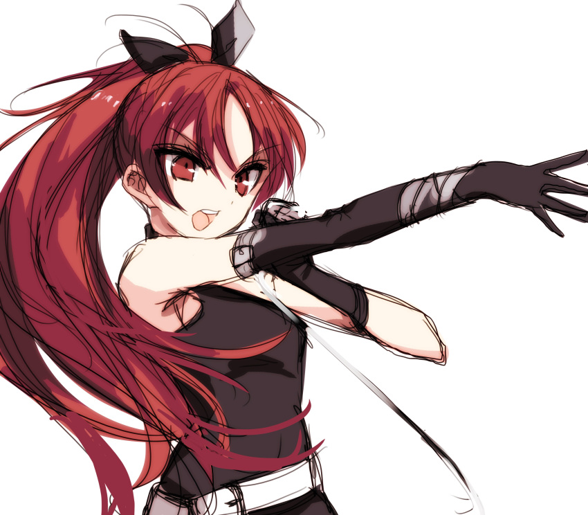 1girl absurdres alternate_costume bare_shoulders belt black_gloves black_ribbon gloves highres long_hair mahou_shoujo_madoka_magica misteor music open_mouth ponytail red_eyes redhead ribbon sakura_kyouko singing sketch solo v-shaped_eyebrows very_long_hair white_background