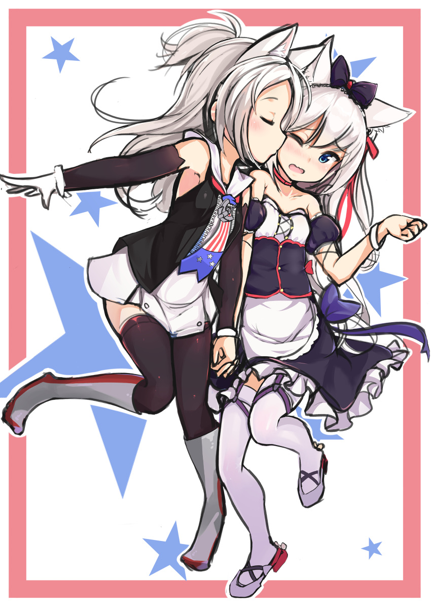 2girls absurdres animal_ears apron azur_lane bangs bare_shoulders black_bow black_dress black_jacket black_legwear blue_bow blush boots bow cat_ears cheek_kiss closed_eyes closed_mouth commentary_request detached_sleeves dress eyebrows_visible_through_hair frilled_dress frills green_eyes grey_footwear hair_between_eyes hair_bow hair_ribbon hammann_(azur_lane) hand_holding hand_up highres jacket kiss knee_boots long_hair long_sleeves multiple_girls ohshit one_eye_closed one_side_up open_clothes open_jacket open_mouth puffy_short_sleeves puffy_sleeves red_ribbon revision ribbon short_sleeves silver_hair sims_(azur_lane) strapless strapless_dress thigh-highs very_long_hair waist_apron white_apron white_dress white_legwear wrist_cuffs yuri