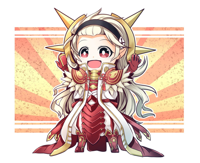 1girl armor chibi cosplay feathers female_my_unit_(fire_emblem_if) fire_emblem fire_emblem_heroes fire_emblem_if hairband highres long_coat long_hair my_unit_(fire_emblem_if) nakabayashi_zun open_mouth outstretched_arms pants red_armor red_eyes ryouma_(fire_emblem_if) ryouma_(fire_emblem_if)_(cosplay) solo spread_arms white_hair white_pants