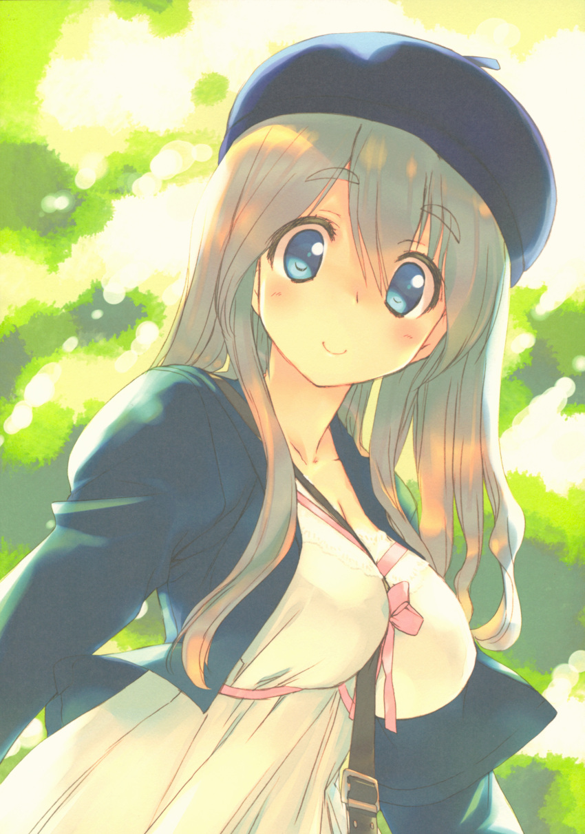 1girl absurdres bangs beret between_breasts blue_eyes blush bow bowtie breasts collarbone dress eyebrows_visible_through_hair grey_hair hat highres jacket large_breasts long_hair long_sleeves looking_at_viewer mitsumi_misato open_clothes open_jacket original scan simple_background smile solo