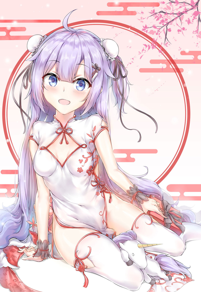 1girl ahoge arm_warmers azur_lane bangs black_ribbon blush box breasts bun_cover china_dress chinese_clothes commentary_request double_bun dress egasumi eyebrows_visible_through_hair flower gift gift_box hair_between_eyes highres holding holding_gift looking_at_viewer pelvic_curtain pink_flower purple_hair ribbon short_sleeves side_bun small_breasts solo stuffed_animal stuffed_pegasus stuffed_toy stuffed_unicorn thigh-highs thighs tree_branch unicorn_(azur_lane) violet_eyes white_dress white_legwear wrist_cuffs xin_(zinc)