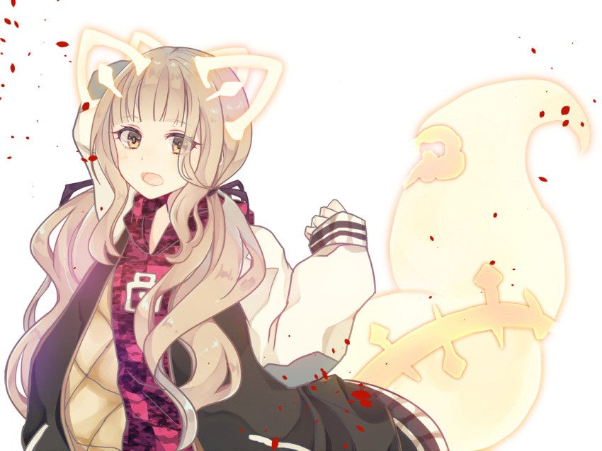 1girl animal_ears arm_up bangs black_jacket brown_eyes commentary_request energy eyebrows_visible_through_hair fox_ears fox_girl fox_tail hand_up hood hood_down hoodie jacket light_brown_hair little_red_riding_hood_(sinoalice) long_hair looking_at_viewer open_clothes open_jacket open_mouth red_hoodie ruriwo_(ruri_wo) sinoalice sleeves_past_wrists solo tail very_long_hair white_background