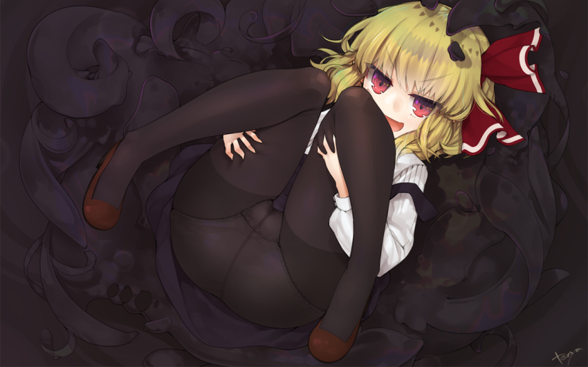 1girl ascot ass black_legwear black_skirt blonde_hair blouse blush darkness fang hair_ribbon long_sleeves looking_at_viewer open_mouth panties panties_under_pantyhose pantyhose red_eyes red_ribbon ribbon rumia shirt short_hair skirt skirt_set smile solo tanyatonya touhou underwear vest white_blouse white_shirt