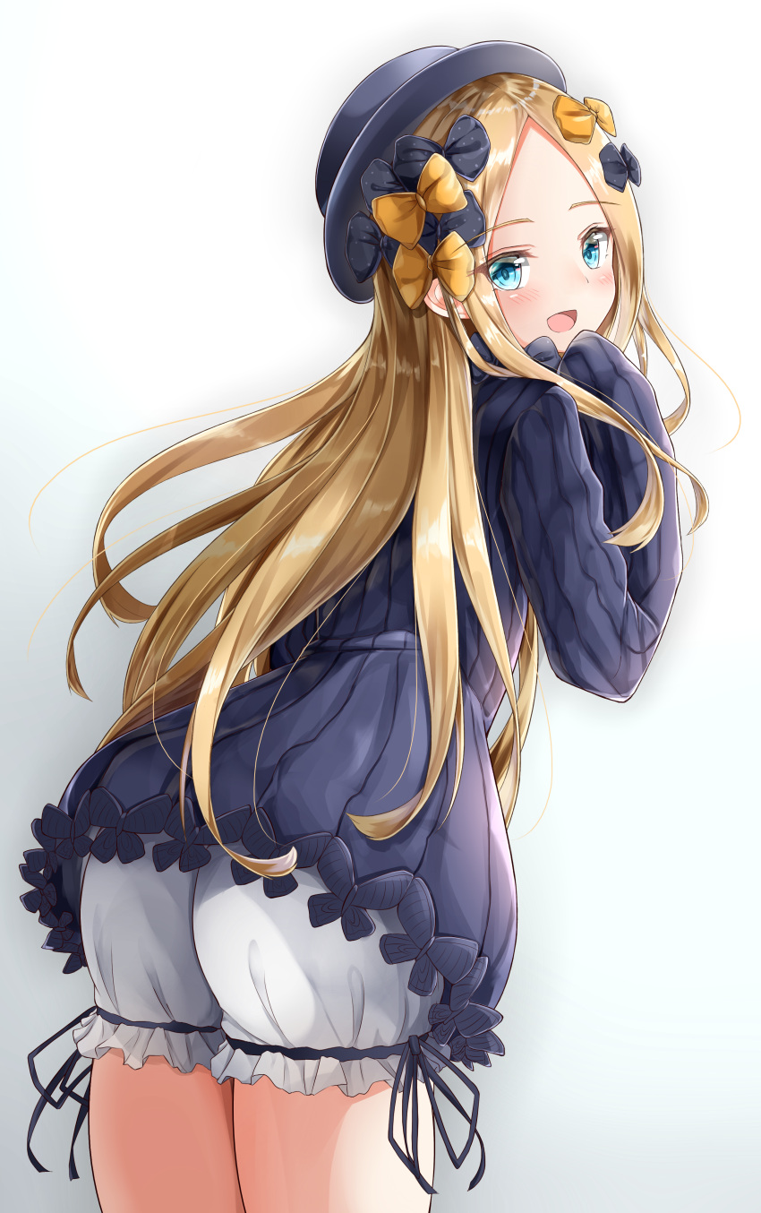 1girl :d abigail_williams_(fate/grand_order) absurdres ass bangs black_bow black_dress black_hat blonde_hair bloomers blue_background blue_eyes blush bow bug butterfly commentary_request dress eyebrows_visible_through_hair fate/grand_order fate_(series) forehead gradient gradient_background hair_bow hand_up hat highres insect leaning_forward long_hair long_sleeves looking_at_viewer looking_back moyoron open_mouth orange_bow parted_bangs polka_dot polka_dot_bow sleeves_past_fingers sleeves_past_wrists smile solo thighs underwear very_long_hair white_background white_bloomers