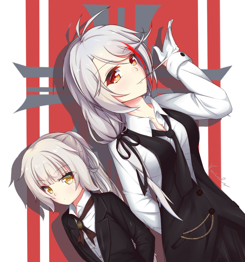 2girls arm_behind_back arm_up azur_lane bangs biting black_jacket black_neckwear black_pants black_ribbon black_vest blush brown_eyes closed_mouth collared_shirt commentary_request dutch_angle eyebrows_visible_through_hair glove_biting gloves hair_between_eyes hair_ribbon highres jacket long_hair long_sleeves looking_at_viewer low_ponytail mole mole_under_eye multicolored_hair multiple_girls necktie pants ponytail prinz_eugen_(azur_lane) redhead ribbon shirt signature silver_hair smile streaked_hair very_long_hair vest voids white_gloves white_ribbon white_shirt z46_(azur_lane)