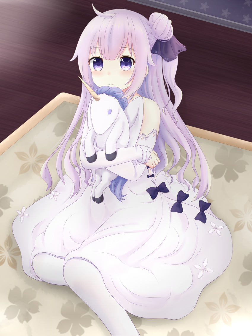 1girl absurdres ahoge azur_lane bangs bare_shoulders black_bow black_ribbon blush bow closed_mouth commentary detached_sleeves dress eyebrows_visible_through_hair feet_out_of_frame hair_bun hair_ribbon highres indoors long_hair long_sleeves looking_at_viewer object_hug one_side_up pantyhose purple_hair ribbon rizera side_bun sidelocks sitting sleeves_past_wrists smile solo stuffed_animal stuffed_pegasus stuffed_toy stuffed_unicorn unicorn_(azur_lane) very_long_hair violet_eyes white_dress white_legwear wooden_floor