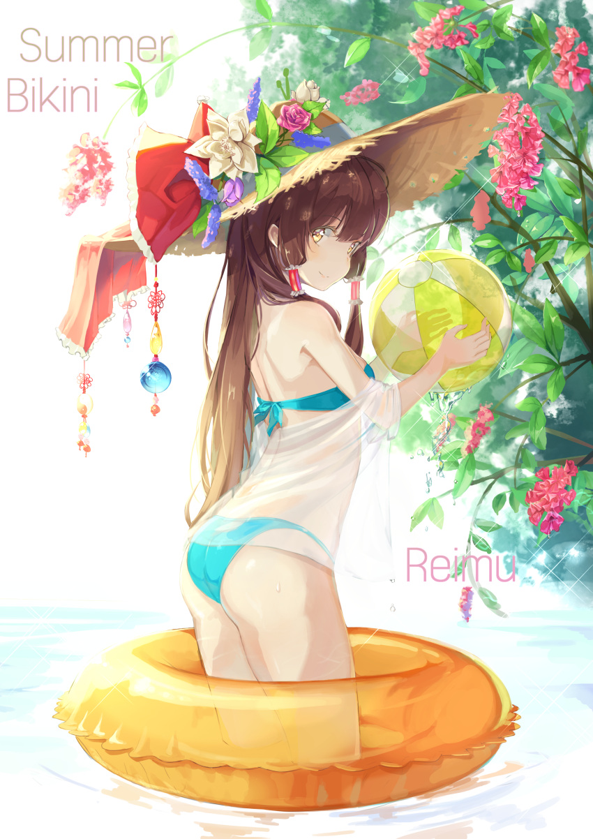1girl absurdres ass ball beachball bikini blue_bikini blue_eyes blue_ribbon bow brown_hair character_name flower from_side hair_tubes hakurei_reimu hat hat_bow hat_flower hat_ribbon highres holding holding_ball hon_(neo2462) innertube long_hair looking_at_viewer pink_flower red_bow ribbon see-through solo standing straw_hat sun_hat swimsuit touhou transparent wading white_flower yellow_hat