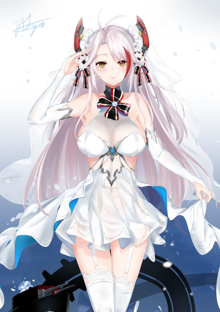 1girl alternate_costume antenna_hair arm_behind_back azur_lane bangs bare_shoulders between_legs blush breasts bridal_gauntlets bridal_veil brown_eyes chaciooh cleavage closed_mouth collarbone covered_navel dated dress dress_lift eyebrows_visible_through_hair finger_to_mouth flower garter_straps gloves hair_between_eyes hair_ornament half-closed_eyes hand_between_legs headgear highres iron_cross large_breasts lifted_by_self light_particles light_smile long_hair looking_at_viewer mole mole_on_breast multicolored_hair nail_polish no_bra petals pink_nails prinz_eugen_(azur_lane) redhead rigging salute see-through signature silver_hair smile solo standing thigh-highs thighs two_side_up veil very_long_hair wedding_dress white_dress white_flower white_gloves white_hair white_legwear