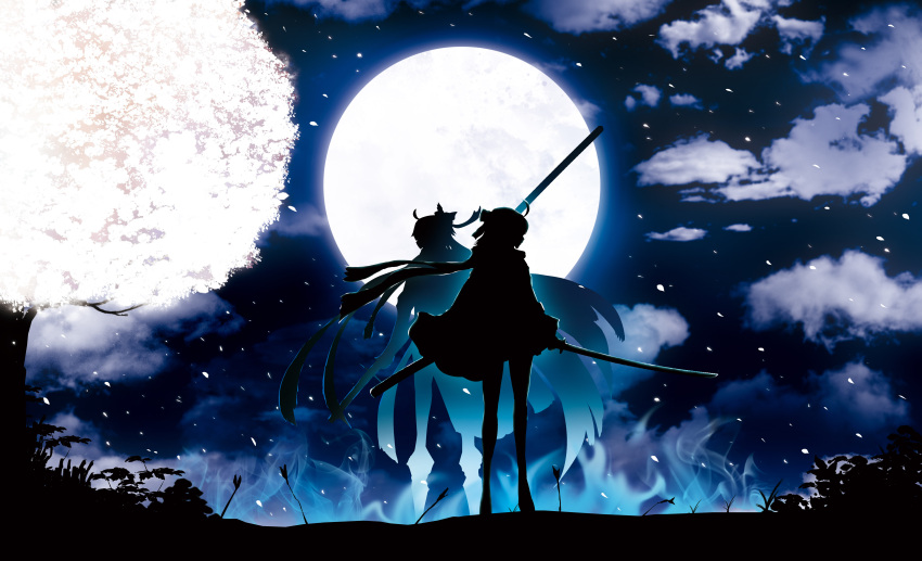 2girls absurdres ahoge backlighting bow clouds fate/grand_order fate_(series) from_behind full_moon hair_bow harada_miyuki highres holding holding_sheath holding_sword holding_weapon katana moon multiple_girls night okita_souji_(alter)_(fate) okita_souji_(fate) okita_souji_(fate)_(all) outdoors scarf scenery sheath standing sword weapon