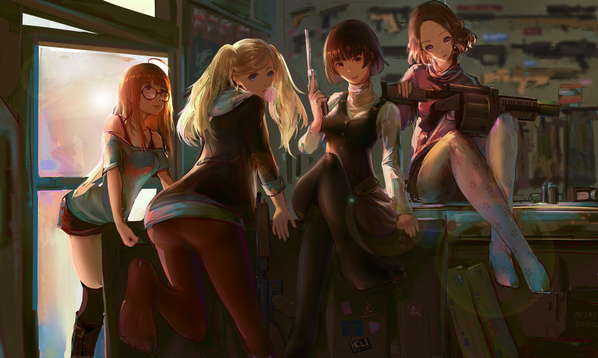 4girls :p ahoge arm_support ass assault_rifle bangs bare_arms blonde_hair blue_eyes boots brown_hair bubble_blowing chewing_gum closed_mouth curly_hair floral_print glasses grenade_launcher gun hand_up handgun head_tilt highres holding holding_gun holding_weapon hood hood_down hoodie indoors knee_up kneehighs knees_up leaning_forward legs_crossed long_hair long_sleeves looking_at_another looking_at_viewer multiple_girls niijima_makoto off-shoulder_shirt okumura_haru orange_hair pantyhose persona persona_5 pink_sweater print_legwear red_eyes red_legwear revolver rifle sakura_futaba shirt short_hair short_sleeves shorts sitting skirt smile standing sweater takamaki_anne tongue tongue_out turtleneck twintails vest violet_eyes weapon xiao_po_qie