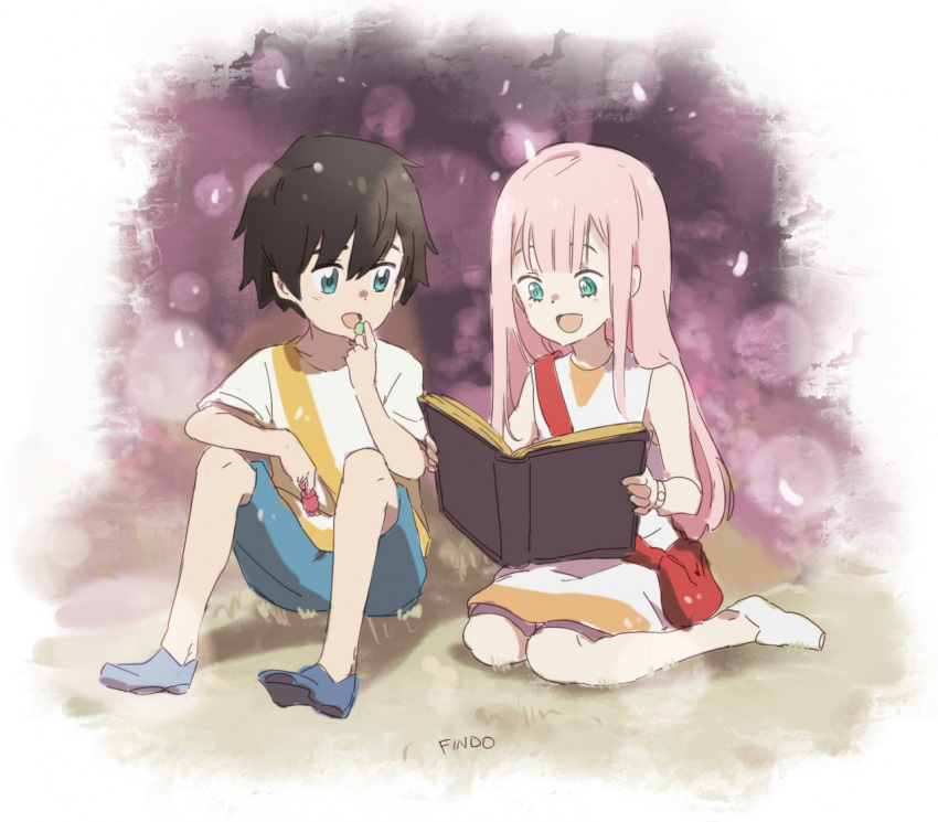 1boy 1girl bag bangs black_hair blue_eyes blue_shorts blush book candy collarbone couple darling_in_the_franxx dress findoworld food grass green_eyes handbag hetero hiro_(darling_in_the_franxx) holding holding_book holding_candy long_hair no_socks open_book open_mouth petals pink_hair purple_footwear shirt shoes short_hair shorts signature sitting sleeveless sleeveless_dress tree white_dress white_shirt younger zero_two_(darling_in_the_franxx)