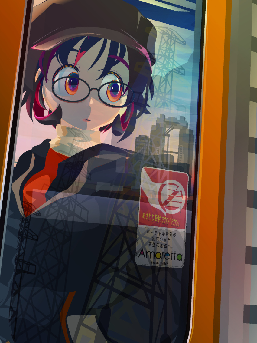 1girl amoretta_(yukiman) bangs black-framed_eyewear black_jacket brown_eyes brown_headwear building cabbie_hat character_name city commentary_request glasses hat highres jacket looking_out_window multicolored_hair open_mouth orange_shirt original power_lines redhead reflection round_eyewear scarf shirt short_hair sign solo streaked_hair translation_request transmission_tower two-tone_hair upper_body warning_sign white_scarf yukiman
