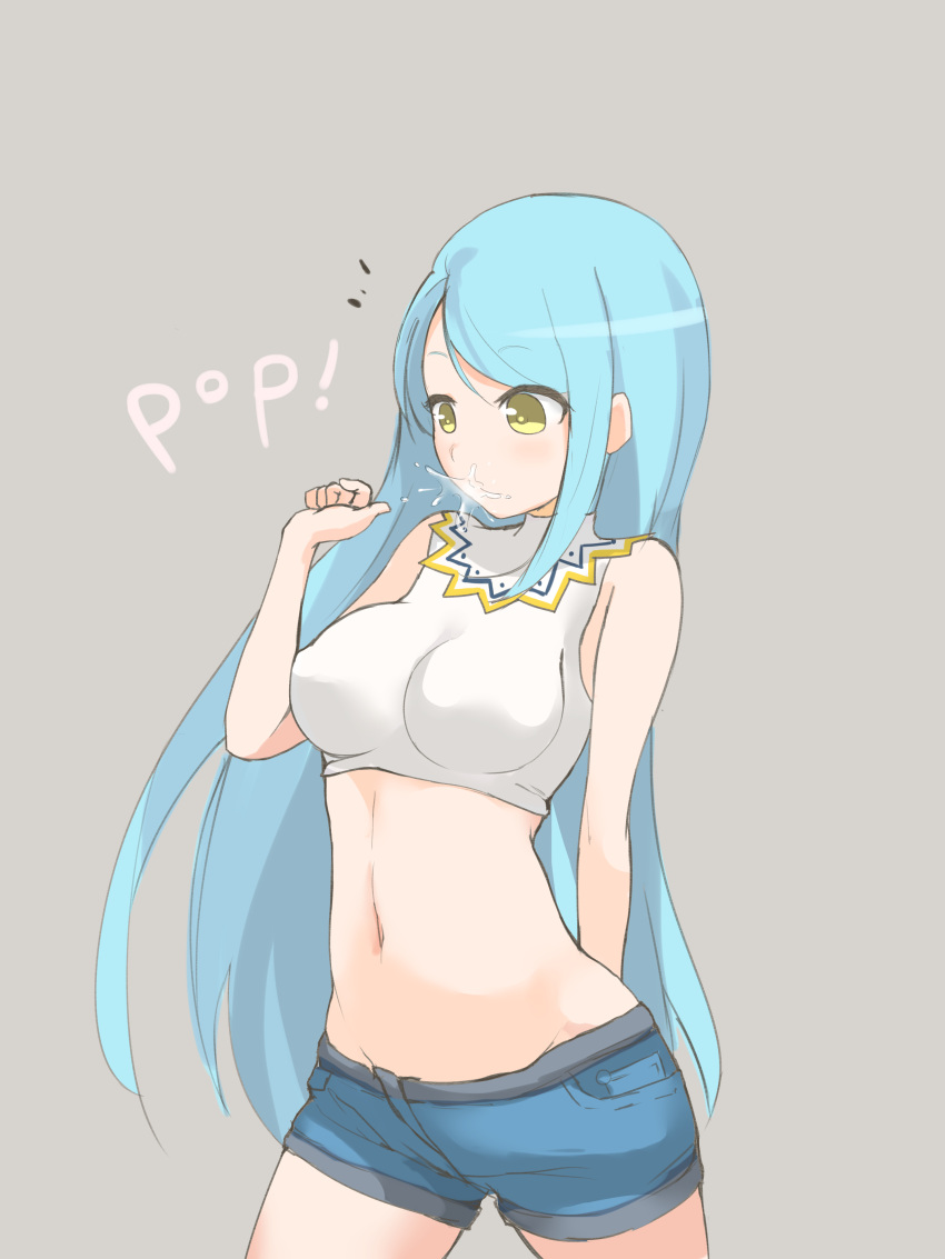 /\/\/\ 1girl absurdres arm_behind_back bangs bare_arms bare_shoulders blue_hair breasts bubble_blowing chewing_gum crop_top denim denim_shorts erect_nipples eyebrows_visible_through_hair girls_frontline grey_background hand_up highres impossible_clothes impossible_shirt long_hair m249_saw_(girls_frontline) medium_breasts midriff miramu_(ramu450471) navel shirt short_shorts shorts simple_background solo sound_effects swept_bangs white_crop_top yellow_eyes
