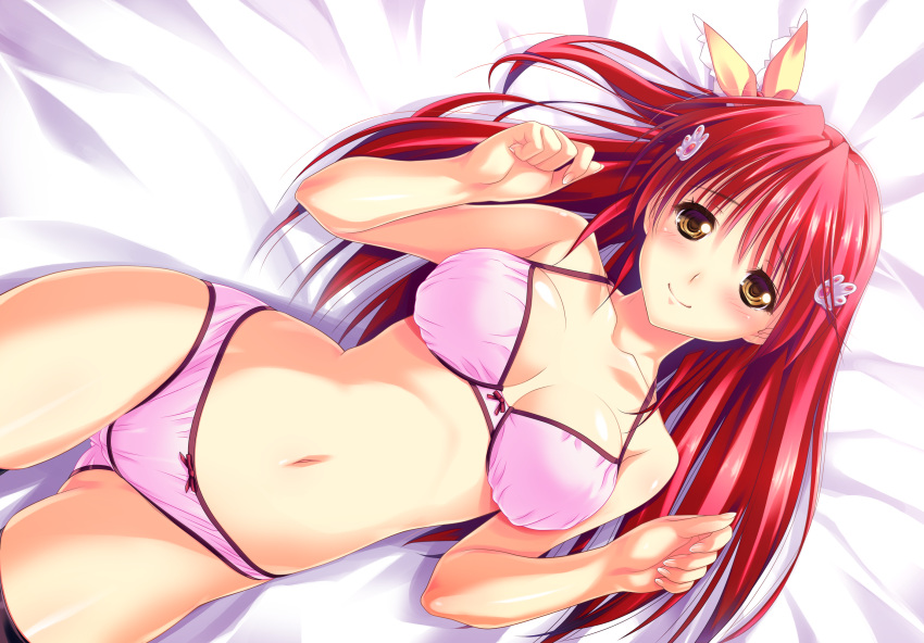 1girl amasaka_takashi arms_up bangs bed black_legwear bow bow_bra bow_panties bra breasts brown_eyes cleavage clenched_hands closed_mouth crotch_seam from_above game_cg hair_ornament highres hips kohinata_yuuka koimekuri_clover long_hair looking_at_viewer lying medium_breasts navel on_back panties pink_bra pink_panties redhead smile thigh-highs thighs underwear underwear_only