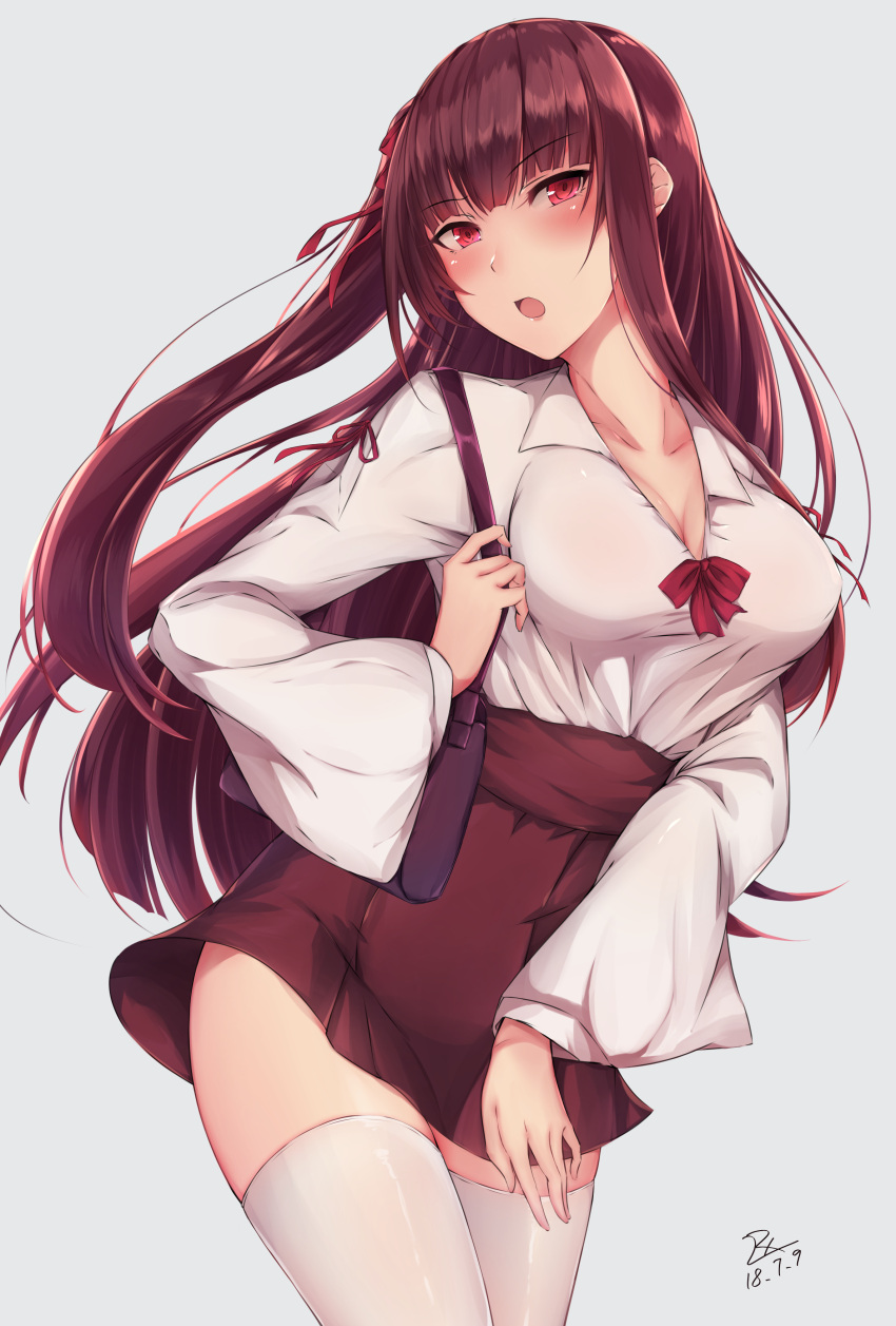 1girl :o absurdres alternate_costume bag bangs blouse blush breasts casual cleavage collarbone collared_blouse dated eyebrows_visible_through_hair girls_frontline grey_background hair_ribbon half_updo head_tilt high-waist_skirt highres large_breasts long_hair long_sleeves looking_at_viewer one_side_up open_mouth purple_hair purse red_eyes red_skirt ribbon shoulder_bag signature simple_background skindentation skirt solo thigh-highs thighs tsurime very_long_hair wa2000_(girls_frontline) white_legwear wide_sleeves zhishi_ge_fangzhang