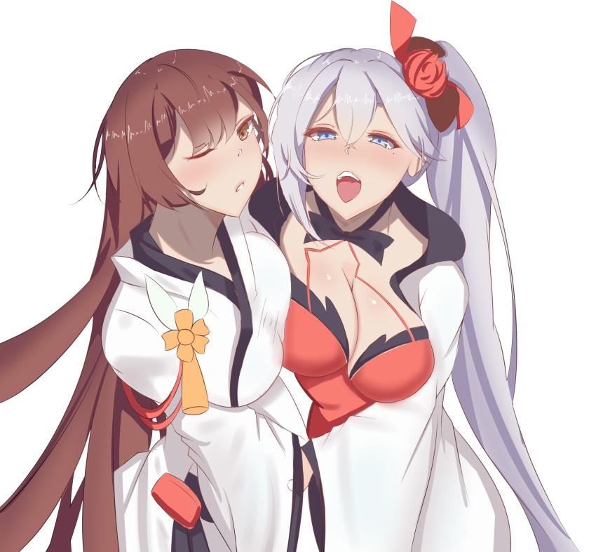 2girls absurdres alternate_costume alternate_hairstyle azur_lane bangs black_gloves blue_eyes blush breasts brown_hair cleavage collarbone cosplay costume_switch eyebrows_visible_through_hair flower gloves hair_between_eyes hair_ornament highres hug japanese_clothes kimono large_breasts long_hair looking_at_viewer mole mole_under_eye multiple_girls one_eye_closed open_mouth ponytail shoukaku_(azur_lane) sidelocks silver_hair smile tastysalt very_long_hair wide_sleeves zuikaku_(azur_lane)