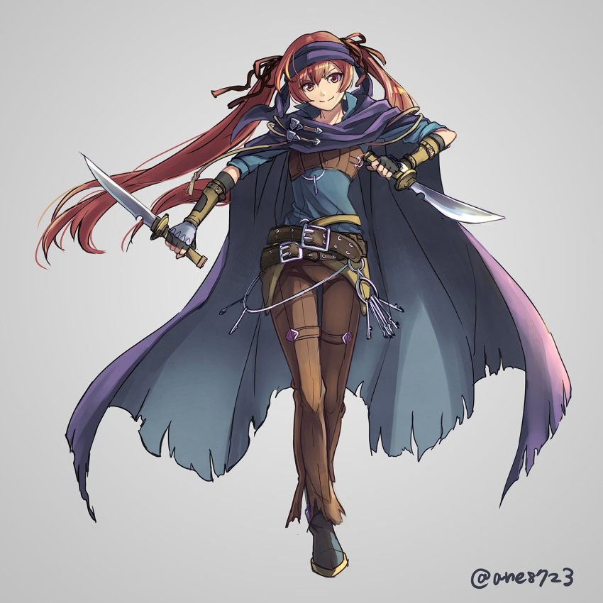 1girl ane-suisei belt black_ribbon brown_pants cape cosplay dagger fingerless_gloves fire_emblem fire_emblem:_rekka_no_ken fire_emblem_if gloves grey_background hair_ribbon hairband highres holding holding_dagger holding_weapon key keyring legault legault_(cosplay) long_hair luna_(fire_emblem_if) pants red_eyes redhead ribbon simple_background smile solo twintails twitter_username weapon