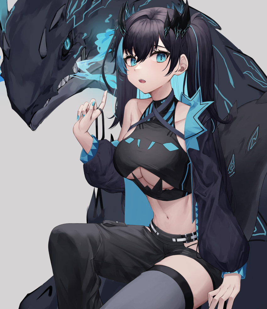 1girl absurdres bangs black_hair black_tank_top blue_eyes blue_nails breasts character_request crop_top eyebrows_visible_through_hair feet_out_of_frame highres jacket jacket_on_shoulders long_hair looking_at_viewer mea_(hwaksal) medium_breasts nail_polish navel open_mouth sitting solo tank_top teeth twintails under_boob upper_teeth virtual_youtuber white_background