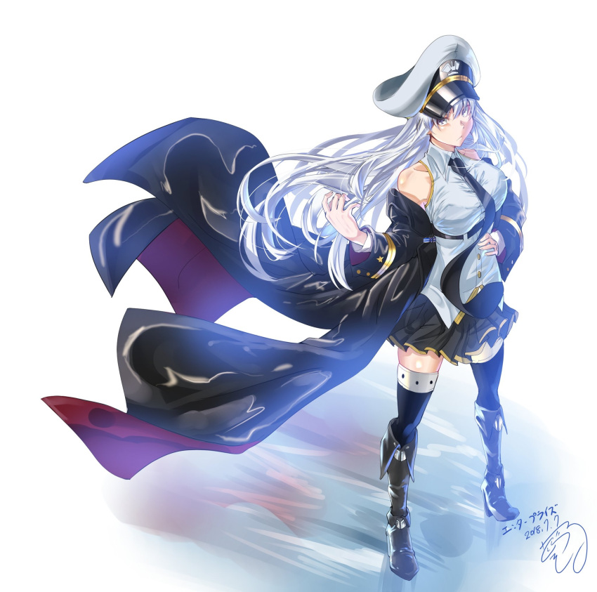 1girl azur_lane bangs bare_shoulders black_footwear black_legwear black_neckwear black_skirt boots breasts buttons coat collarbone dated dorashieru enterprise_(azur_lane) eyebrows_visible_through_hair floating_hair full_body hand_on_hip hand_up hat high_heel_boots high_heels highres large_breasts long_hair looking_at_viewer military_hat miniskirt necktie off_shoulder peaked_cap pleated_skirt shirt sidelocks signature silver_hair skindentation skirt sleeve_cuffs sleeveless sleeveless_shirt solo standing thigh-highs very_long_hair violet_eyes white_background white_shirt wind wind_lift