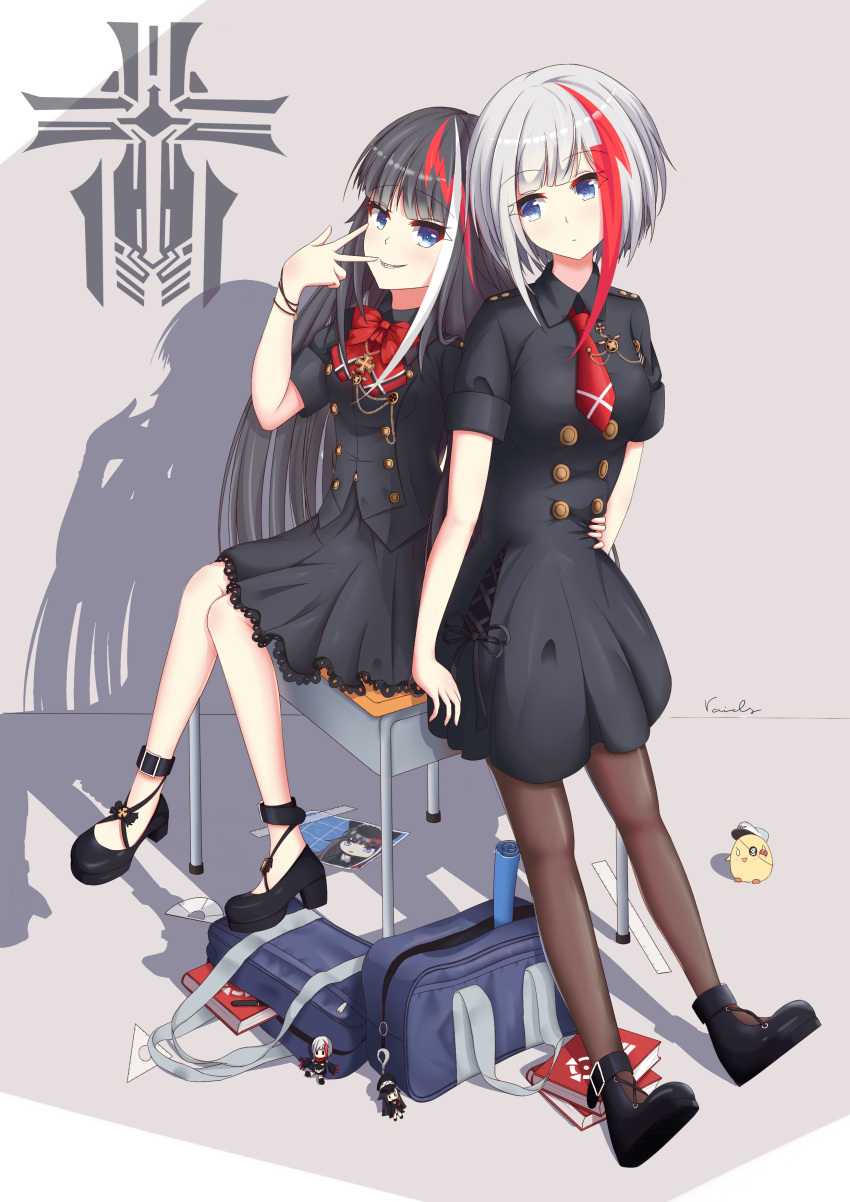 2girls absurdres admiral_graf_spee_(azur_lane) admiral_graf_spee_(girl's_sunday)_(azur_lane) animal arm_support azur_lane bag bag_charm bird black_dress black_hair black_shirt black_skirt blue_eyes blush book bow bowtie breasts character_doll charm_(object) chick closed_mouth commentary_request cross desk deutschland_(azur_lane) dress grey_hair grin hand_up hat head_tilt highres iron_blood_(emblem) iron_cross leaning_on_object long_hair manjuu_(azur_lane) military_hat multicolored_hair multiple_girls necktie no_tail official_alternate_costume on_desk pantyhose peaked_cap protractor puffy_short_sleeves puffy_sleeves red_bow red_bowtie red_necktie redhead ruler school_bag school_desk set_square sharp_teeth shirt short_necktie short_sleeves sidelocks signature sitting sitting_on_desk skirt skull_and_crossbones small_breasts smile streaked_hair teeth very_long_hair voids white_hair white_headwear