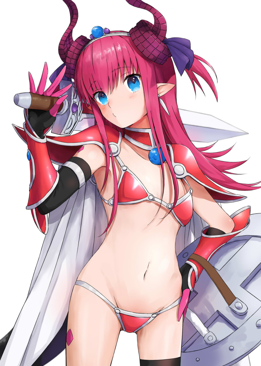 1girl absurdres armor asymmetrical_sleeves bangs bikini_armor black_legwear blue_eyes blunt_bangs bra cape choker collarbone detached_sleeves earrings elizabeth_bathory_(fate) elizabeth_bathory_(fate)_(all) eyebrows_visible_through_hair fate/extra fate/extra_ccc fate_(series) floating_hair gloves groin hair_between_eyes hairband hand_on_hip head_tilt highres holding holding_shield holding_sword holding_weapon horns jewelry laika_(sputnik2nd) long_hair looking_at_viewer midriff navel over_shoulder panties pink_hair pointy_ears red_bra red_panties shield shiny shiny_clothes shoulder_armor simple_background solo spaulders standing stomach sword sword_over_shoulder thigh-highs underwear weapon weapon_over_shoulder white_background white_cape