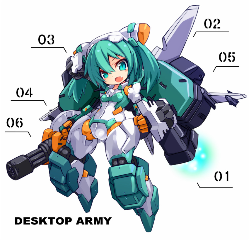 1girl aqua_eyes aqua_hair bangs blush_stickers breasts copyright_name desktop_army exhaust eyebrows_visible_through_hair fang flying full_body gatling_gun gloves gun hair_between_eyes headgear highres karukan_(monjya) looking_at_viewer mecha_musume medium_hair missile number open_mouth simple_background small_breasts solo sylphy_(desktop_army) weapon white_background wings