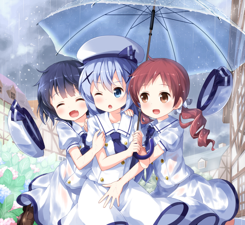 3girls :d ^_^ ascot bangs beret blue_eyes blue_flower blue_hair blue_neckwear blush brown_eyes brown_footwear brown_hair chimame-tai closed_eyes clouds cloudy_sky coat commentary_request eyebrows_visible_through_hair fang flower girl_sandwich gochuumon_wa_usagi_desu_ka? hair_between_eyes hair_ornament hair_scrunchie hat hat_removed headwear_removed highres holding holding_umbrella house jouga_maya kafuu_chino kafuu_chino's_school_uniform loafers long_hair low_twintails multiple_girls natsu_megumi open_mouth outdoors overcoat parted_lips pink_flower puffy_short_sleeves puffy_sleeves rain ringlets ruu_(tksymkw) sailor_collar sandwiched school_uniform scrunchie shared_umbrella shirt shoes short_sleeves skirt sky smile transparent_umbrella twintails umbrella very_long_hair wet wet_clothes wet_shirt wet_skirt white_hat white_sailor_collar white_scrunchie white_shirt white_skirt x_hair_ornament