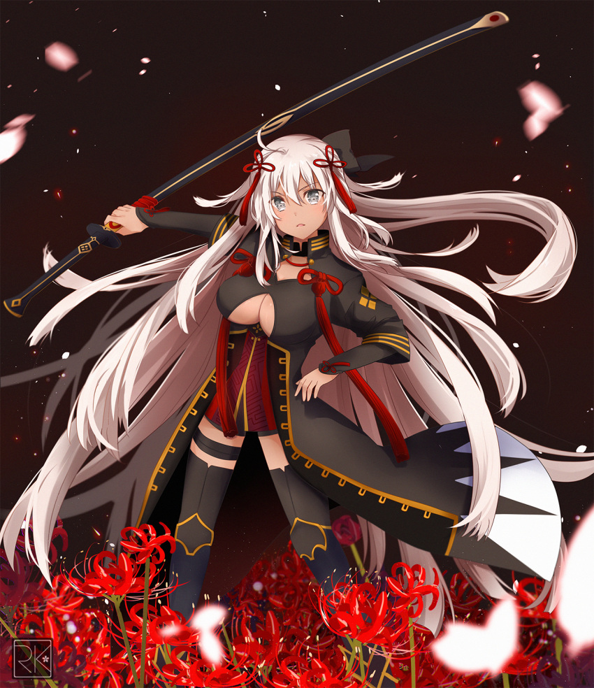 1girl black_bow black_legwear bow breasts cleavage cutout eyebrows_visible_through_hair fate/grand_order fate_(series) floating_hair flower grey_eyes hair_between_eyes hair_bow highres holding holding_sheath k-rumi large_breasts long_hair looking_at_viewer okita_souji_(alter)_(fate) okita_souji_(fate)_(all) parted_lips petals red_flower sheath sheathed silver_hair solo standing thigh-highs very_long_hair