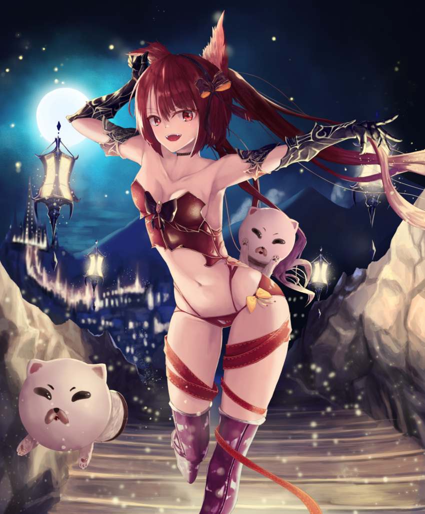 1girl :d absurdres animal_ears arm_up armpits breasts cat_ears cerberus_(shingeki_no_bahamut) choker cleavage collarbone fangs floating_hair full_moon gauntlets hair_between_eyes highres lantern leg_up long_hair looking_at_viewer medium_breasts moon navel nekobell night open_mouth outdoors outstretched_arm panties purple_legwear red_eyes red_panties red_ribbon redhead ribbon shingeki_no_bahamut sideboob smile solo stairs standing thigh_ribbon twintails underwear very_long_hair