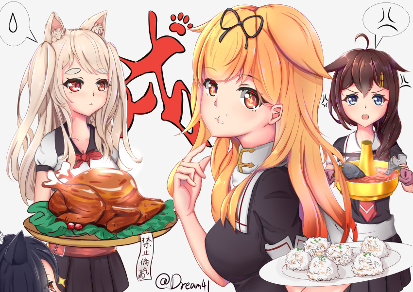 +_+ 4girls :3 :o :t absurdres ahoge anger_vein angry animal_ears azur_lane bangs black_serafuku black_shirt black_skirt blue_eyes braid breasts brown_hair character_request chinese_commentary chinese_zodiac cleavage closed_mouth collarbone commentary_request crossover dog_ears dog_girl dream41 eating eyebrows_visible_through_hair eyelashes food food_on_face food_request gradient_hair hair_flaps hair_ornament hair_over_shoulder highres holding holding_plate kantai_collection light_brown_hair long_hair looking_at_another looking_at_viewer looking_to_the_side medium_breasts miniskirt multicolored_hair multiple_girls necktie open_mouth orange_hair parted_bangs plate pleated_skirt red_eyes red_neckwear remodel_(kantai_collection) sailor_collar school_uniform serafuku shigure_(azur_lane) shigure_(kantai_collection) shirt short_sleeves simple_background single_braid skirt slit_pupils spoken_anger_vein spoken_sweatdrop standing sweatdrop swept_bangs thick_eyebrows turkey_(food) twitter_username v-shaped_eyebrows white_background white_sailor_collar year_of_the_dog yuudachi_(azur_lane) yuudachi_(kantai_collection)