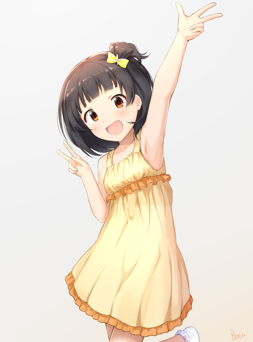 1girl :d arm_up armpits artist_name bangs bare_arms bare_shoulders basa_rutan black_hair blush bow breasts brown_eyes collarbone dress eyebrows_visible_through_hair flower grey_background hair_bow hair_flower hair_ornament hand_up highres idolmaster idolmaster_million_live! leaning_to_the_side nakatani_iku one_side_up open_mouth simple_background sleeveless sleeveless_dress small_breasts smile socks solo standing standing_on_one_leg v white_flower white_legwear yellow_bow yellow_dress