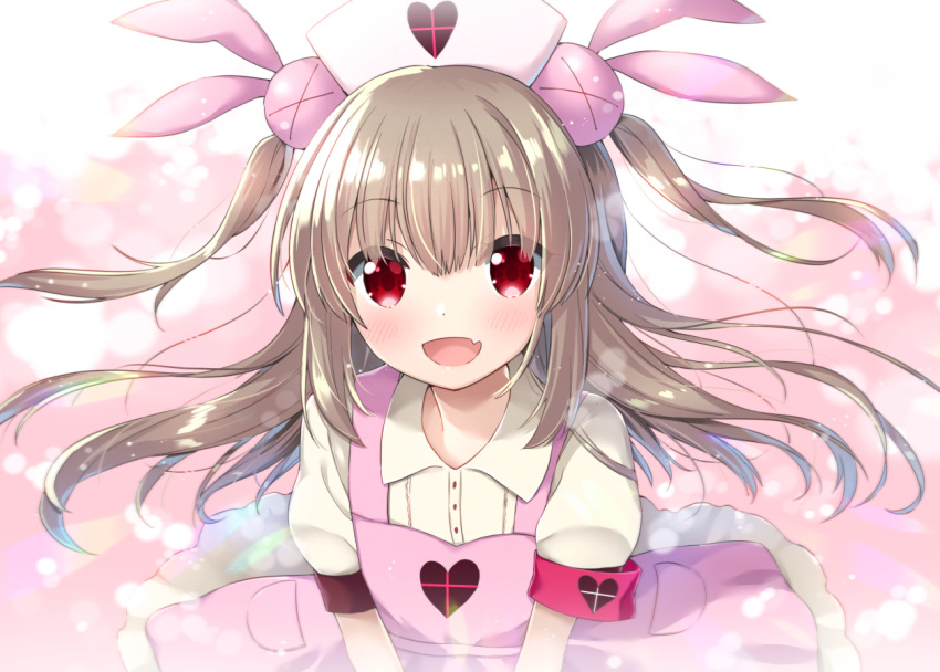 &gt;_&lt; 1girl :d apron armband bangs blush bunny_hair_ornament collared_shirt commentary_request eyebrows_visible_through_hair hair_between_eyes hair_ornament hat heart light_brown_hair long_hair looking_at_viewer natori_sana nurse_cap open_mouth pink_apron pink_hat puffy_short_sleeves puffy_sleeves red_eyes sana_channel shirt short_sleeves smile solo two_side_up uchuuneko v_arms very_long_hair virtual_youtuber white_shirt