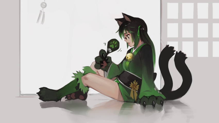 1girl animal_ears bell black_hair cat_ears cat_girl cat_paws cat_tail claws commentary english_commentary fan full_body fusion glasses green_hair grey_background highres japanese_clothes jingle_bell kimono long_hair long_sleeves monster_girl_encyclopedia multiple_tails nekomata_(monster_girl_encyclopedia) original parted_lips paws profile rectangular_eyewear short_kimono simple_background sitting solo tail tharkis twintails two_tails wide_sleeves