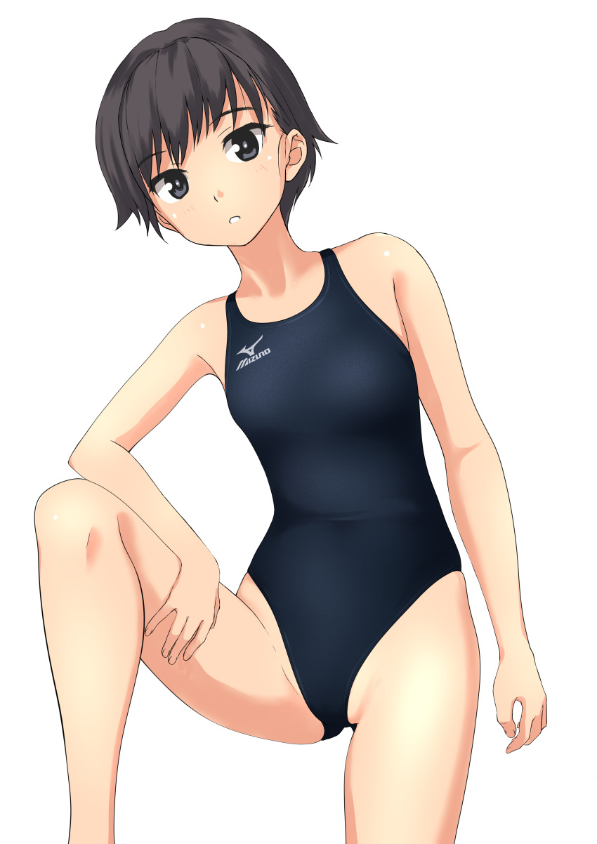 1girl absurdres black_eyes black_hair black_swimsuit competition_swimsuit flat_chest gluteal_fold highres leg_up looking_at_viewer mizuno one-piece_swimsuit original parted_lips short_hair simple_background solo swimsuit takafumi white_background