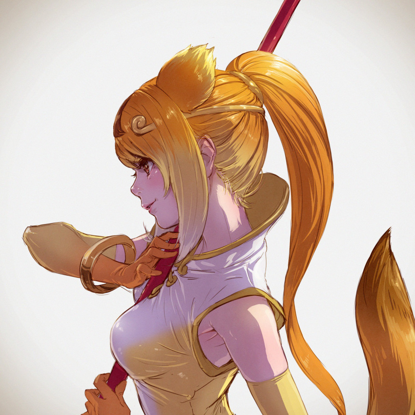 1girl animal_ears bangle between_breasts blonde_hair bracelet breasts elbow_gloves extra_ears from_side gloves golden_snub-nosed_monkey_(kemono_friends) gradient_hair henohenomomiji highres holding holding_staff jewelry kemono_friends long_hair medium_breasts monkey_ears monkey_girl monkey_tail multicolored_hair nose orange_hair ponytail profile smile solo staff tail upper_body white_hair