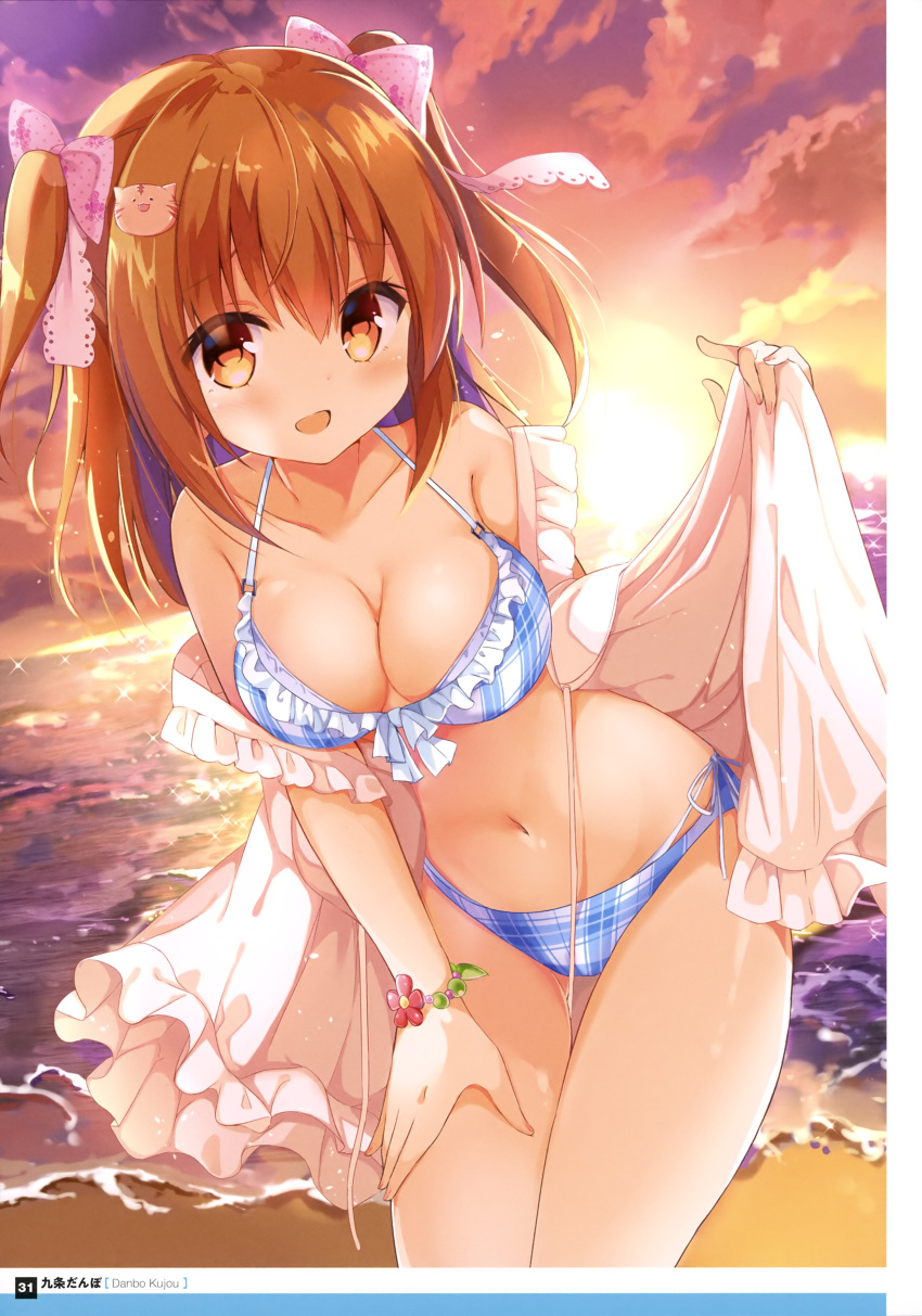 1girl :d absurdres bikini bow bracelet breasts brown_eyes brown_hair cat_hair_ornament cleavage collarbone cowboy_shot dusk eyebrows_visible_through_hair hair_between_eyes hair_bow hair_ornament hand_on_lap highres holding jewelry kujou_danbo leaning_forward long_hair looking_at_viewer medium_breasts navel open_mouth original outdoors page_number pink_bow side-tie_bikini smile solo standing swimsuit twintails