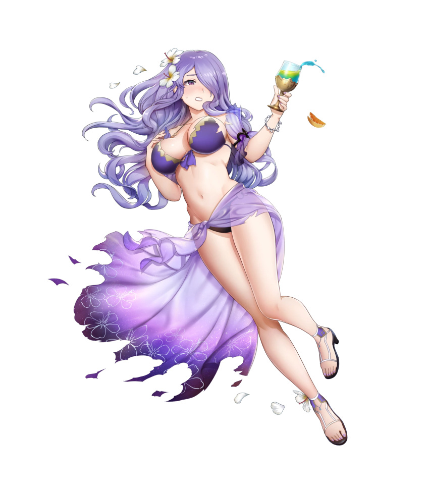 1girl bikini breasts camilla_(fire_emblem_if) cleavage fire_emblem fire_emblem_heroes fire_emblem_if full_body highres large_breasts long_hair nail_polish navel purple_hair sarong sideboob solo swimsuit transparent_background violet_eyes