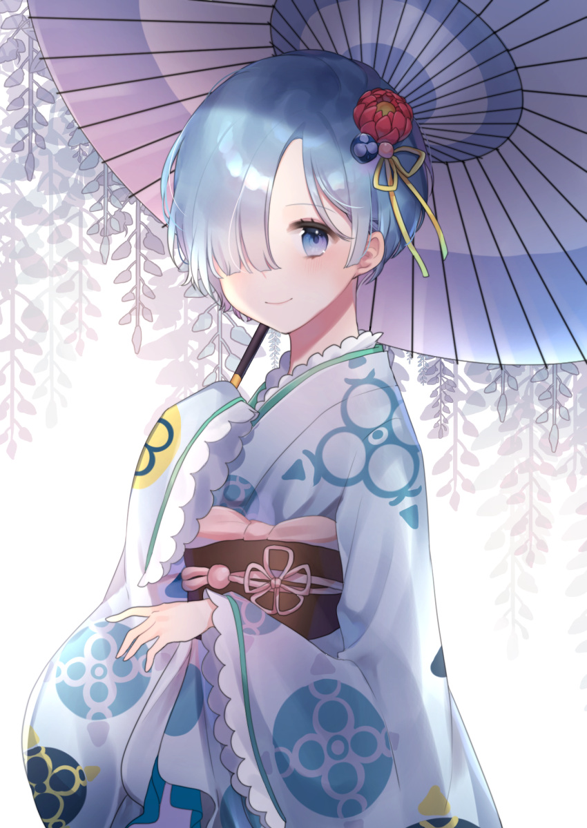 1girl bangs blue_eyes blush closed_mouth commentary_request eyebrows_visible_through_hair flower hair_flower hair_ornament hair_over_one_eye hair_ribbon hand_up highres holding holding_umbrella japanese_clothes kimono long_sleeves looking_at_viewer moffle_(ayabi) obi oriental_umbrella pink_umbrella print_kimono re:zero_kara_hajimeru_isekai_seikatsu red_flower rem_(re:zero) ribbon sash sleeves_past_fingers sleeves_past_wrists smile solo umbrella white_background white_kimono wide_sleeves yellow_ribbon