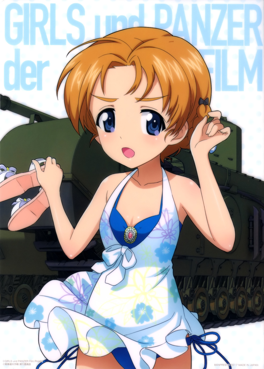 1girl absurdres artist_request bikini bikini_under_clothes blue_bikini blue_eyes braid breasts churchill_(tank) cleavage dress dress_lift girls_und_panzer ground_vehicle highres looking_at_viewer military military_vehicle motor_vehicle official_art open_toe_shoes orange_hair orange_pekoe shoes_removed short_hair side-tie_bikini solo swimsuit swimsuit_under_clothes tank tied_hair twin_braids wind wind_lift